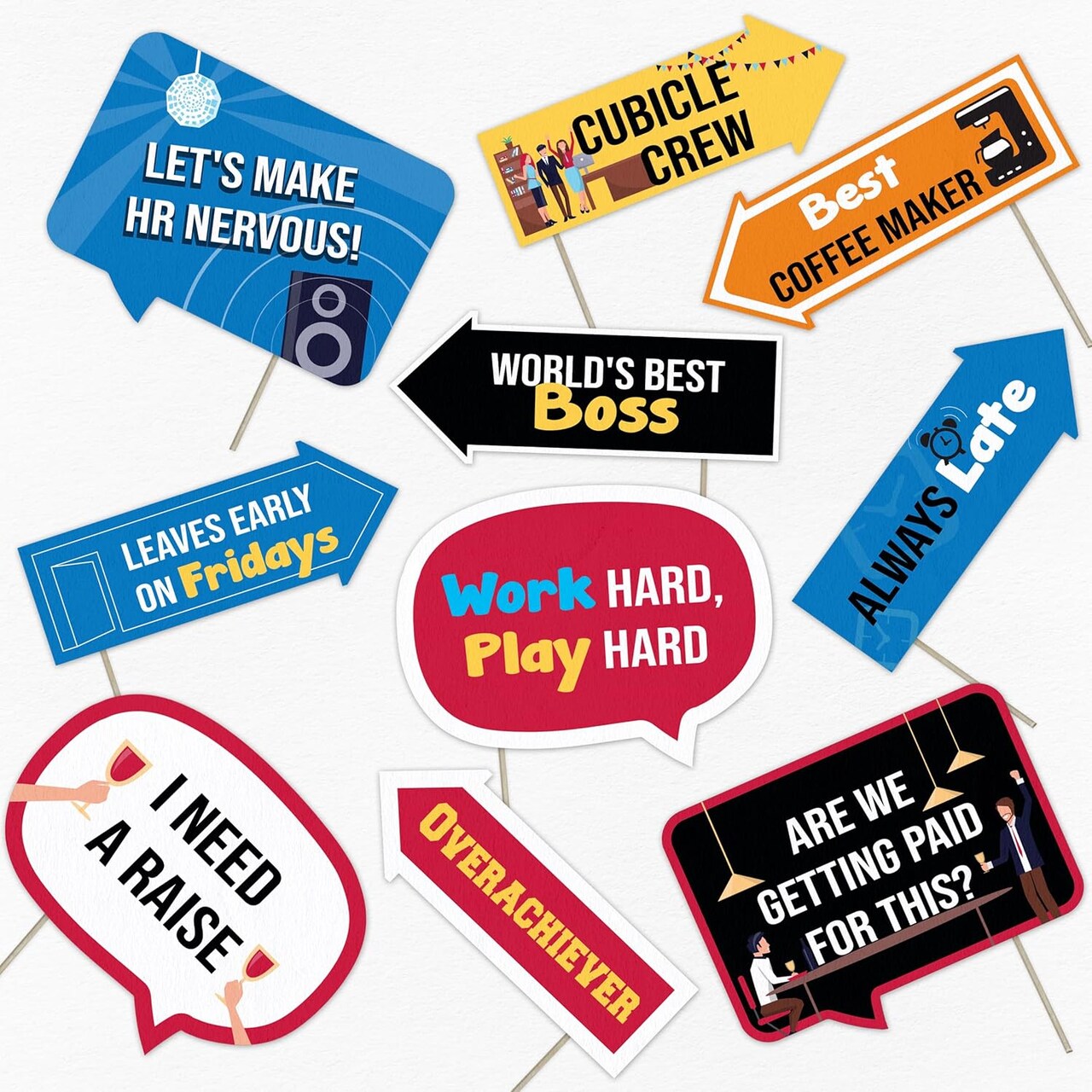 Office Party Photo Booth Kit - Corporate Party Decorations - Selfie Props with Sticks - 10pcs